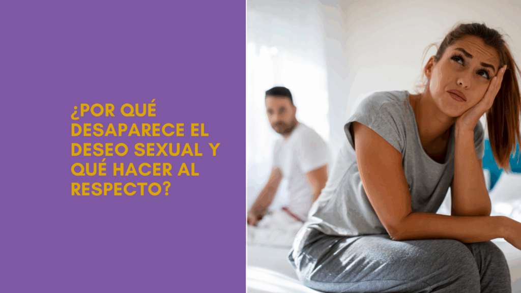 Mujer sentada en la cama con expresión de frustración mientras su pareja está en el fondo, reflejando dificultades en la intimidad o falta de deseo sexual.