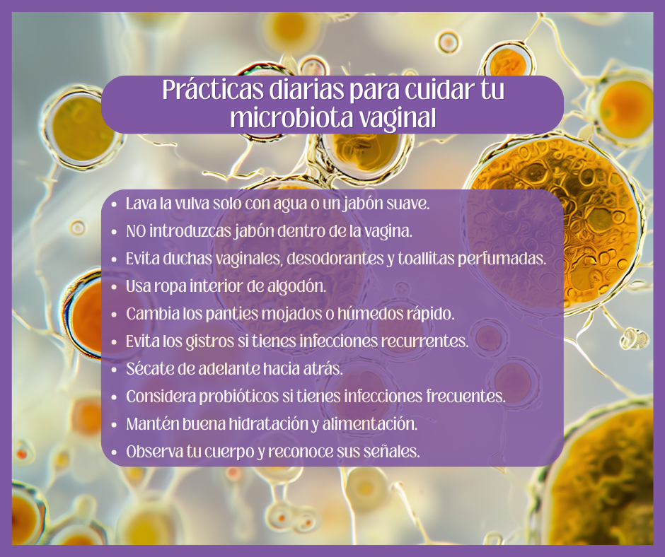 Infografía titulada “Prácticas diarias para cuidar tu microbiota vaginal”, con una lista de recomendaciones sobre higiene y bienestar frente a un fondo de ilustraciones de microorganismos.